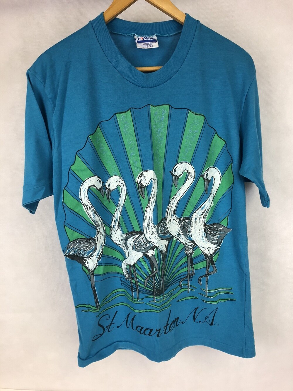 VTG Sz L Single Stitch St Maarten NA Flamingo Birds Tourist Souvenir Teal TShirt